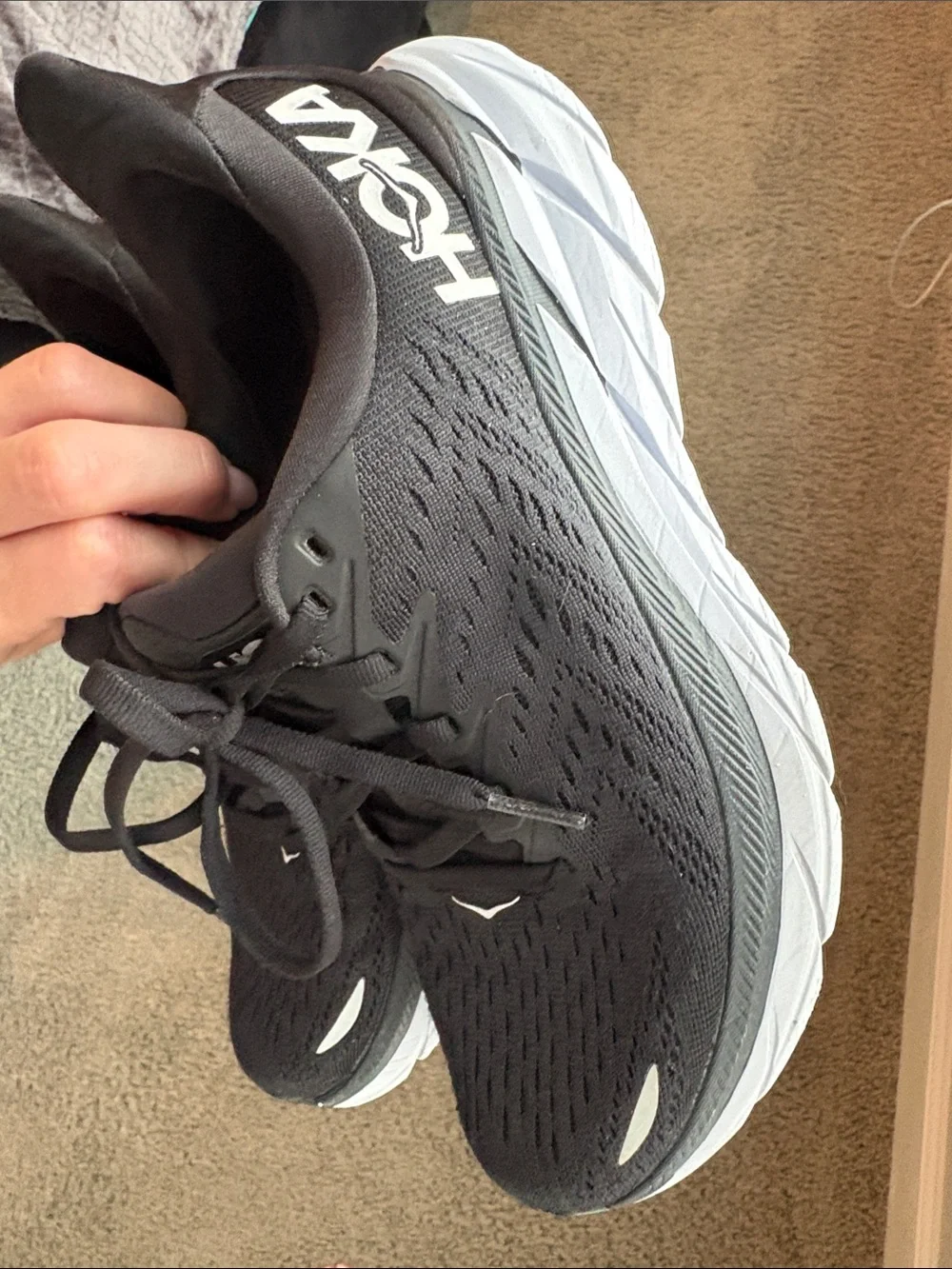 Hoka Womens Clifton 8 Black and White Athletic Running Shoes 7B